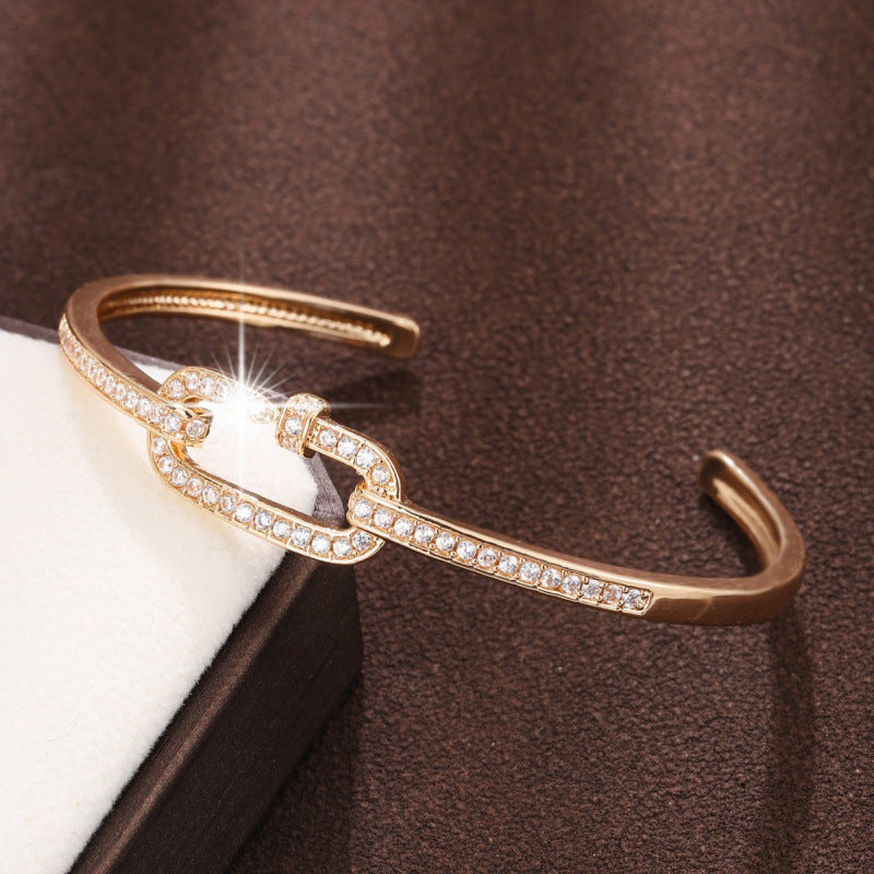Simple Style Copper Bangle With Zircon Inlay, Electroplated Gold Plating, 1 Piece