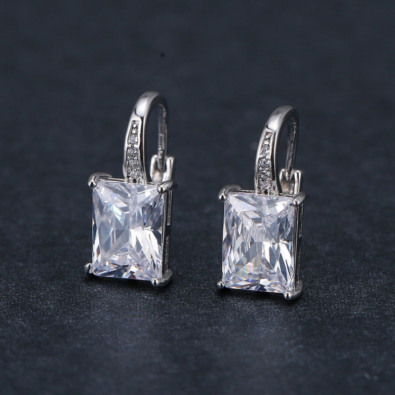Women’s Rectangle Earrings With Zircon Inlay In White, Electroplated Copper Ear Clips