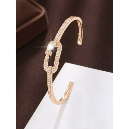 Simple Style Copper Bangle With Zircon Inlay, Electroplated Gold Plating, 1 Piece