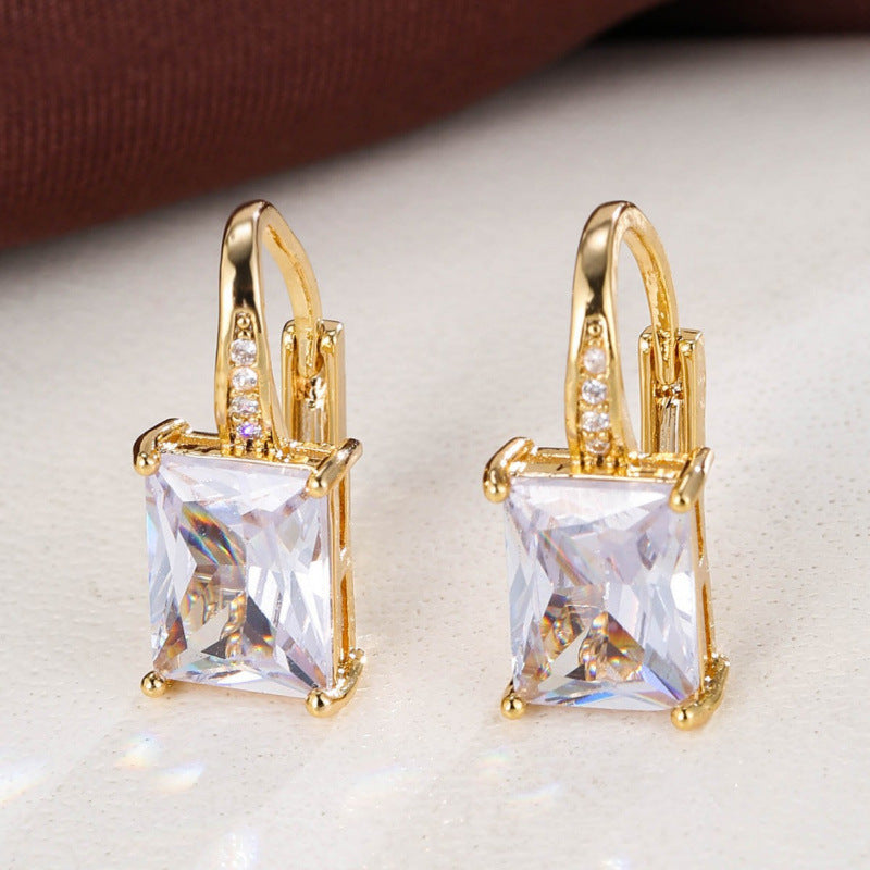 Women’s Rectangle Earrings With Zircon Inlay In White, Electroplated Copper Ear Clips