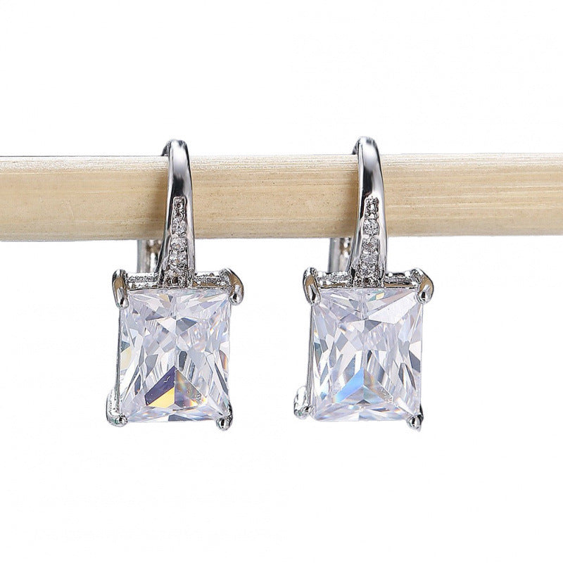 Women’s Rectangle Earrings With Zircon Inlay In White, Electroplated Copper Ear Clips