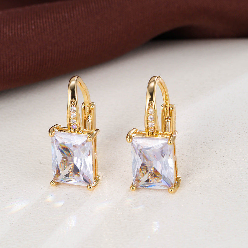 Women’s Rectangle Earrings With Zircon Inlay In White, Electroplated Copper Ear Clips