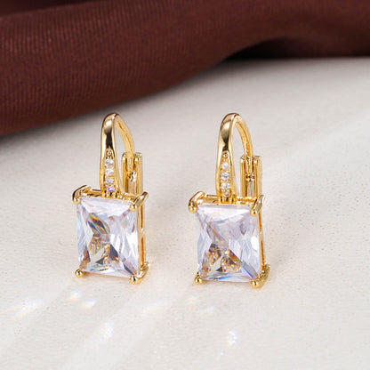 Women’s Rectangle Earrings With Zircon Inlay In White, Electroplated Copper Ear Clips