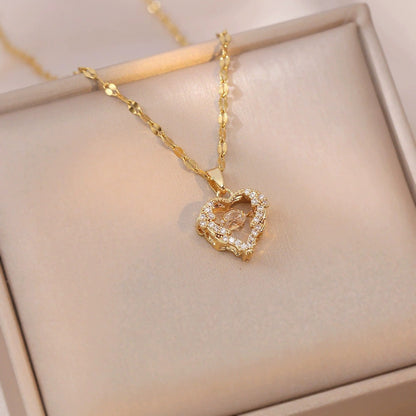 Heart Shape Necklace For Women With Copper Pendant Featuring Zircon Inlay And Electroplated Bezel Setting