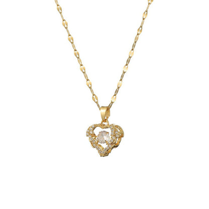 Heart Shape Necklace For Women With Copper Pendant Featuring Zircon Inlay And Electroplated Bezel Setting