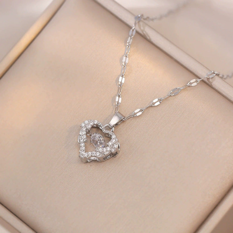 Heart Shape Necklace For Women With Copper Pendant Featuring Zircon Inlay And Electroplated Bezel Setting