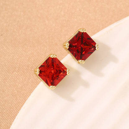Square Stud Earrings For Women In Red Featuring Electroplated Finish With Copper Posts