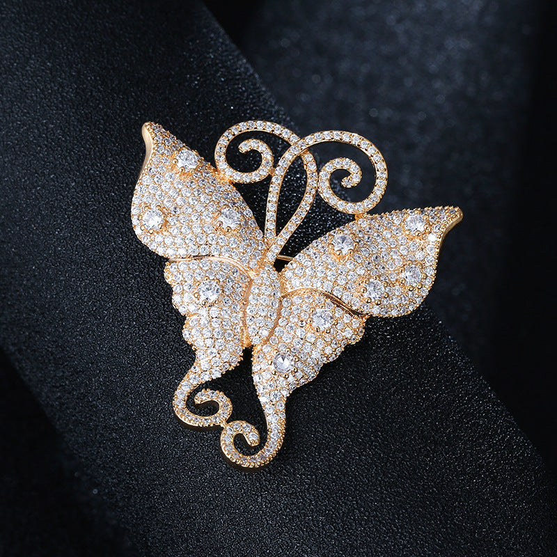 Copper Bow Tie Pin With Zircon Inlay, Electroplated Finish, Available In White