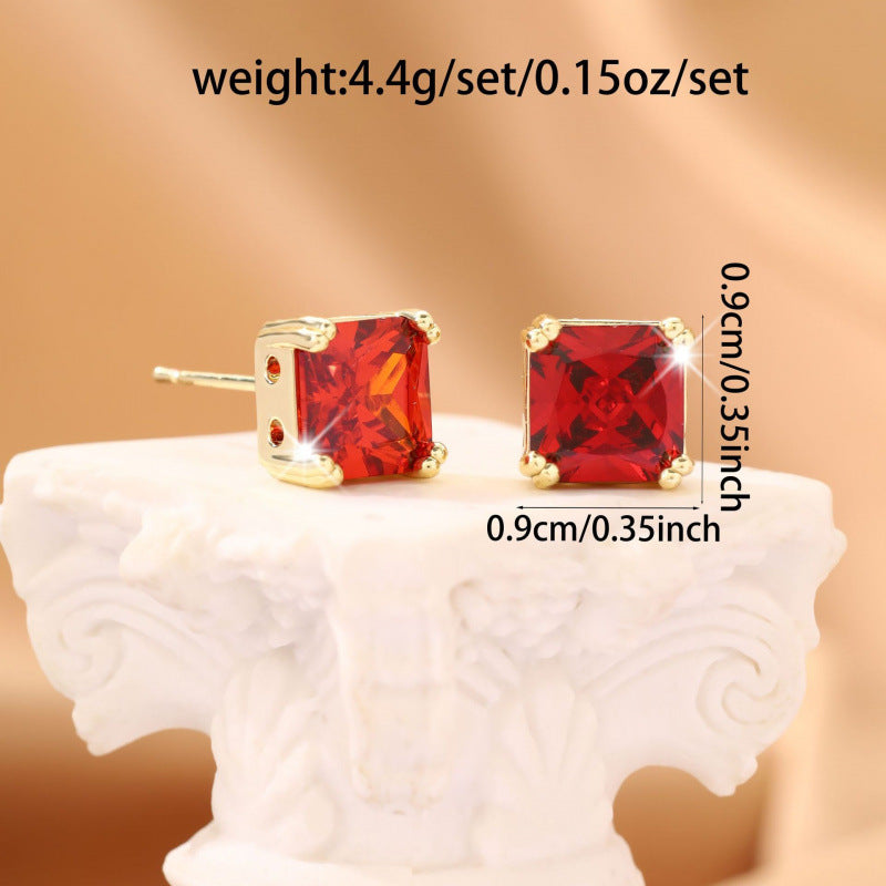 Square Stud Earrings For Women In Red Featuring Electroplated Finish With Copper Posts
