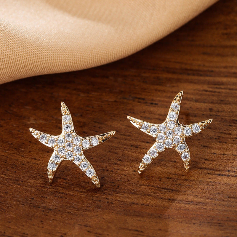 Simple Style Starfish Stud Earrings For Women Featuring Copper Ear Pins And Zircon Inlay