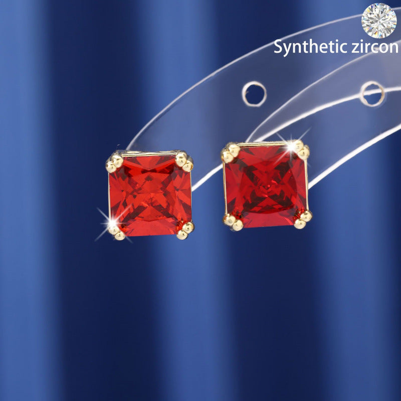 Square Stud Earrings For Women In Red Featuring Electroplated Finish With Copper Posts