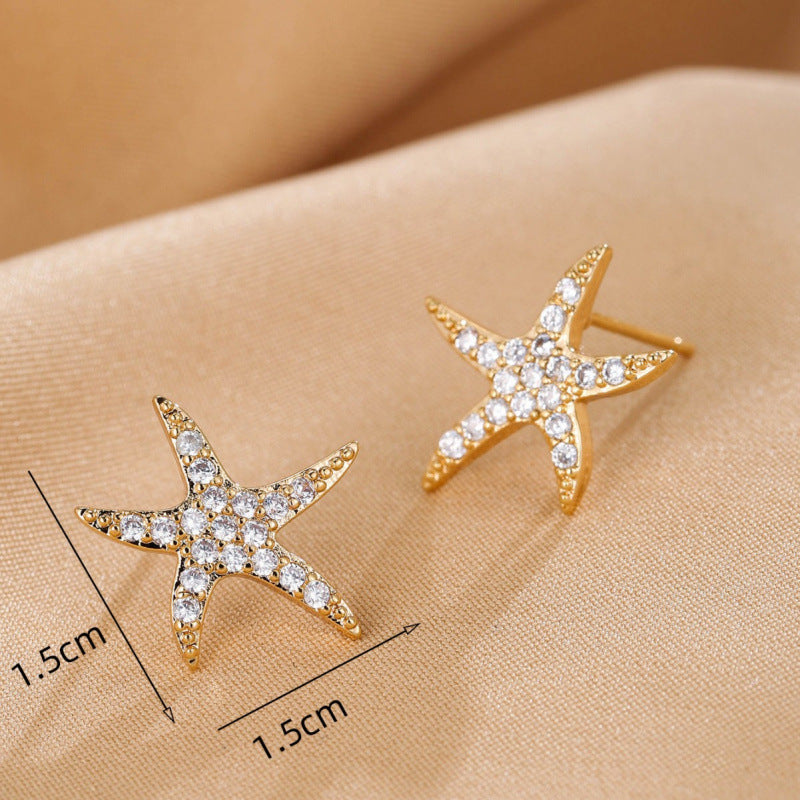 Simple Style Starfish Stud Earrings For Women Featuring Copper Ear Pins And Zircon Inlay