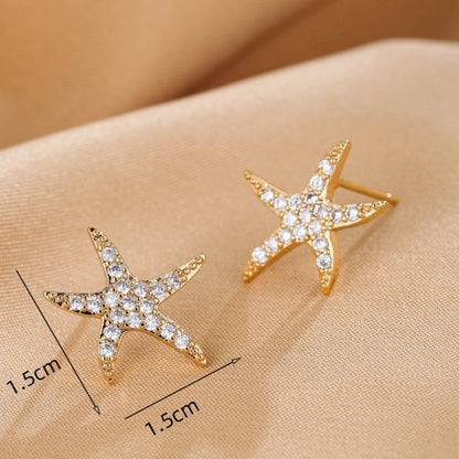 Simple Style Starfish Stud Earrings For Women Featuring Copper Ear Pins And Zircon Inlay
