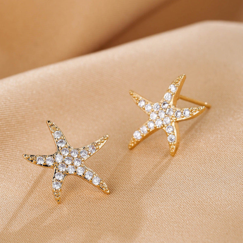Simple Style Starfish Stud Earrings For Women Featuring Copper Ear Pins And Zircon Inlay