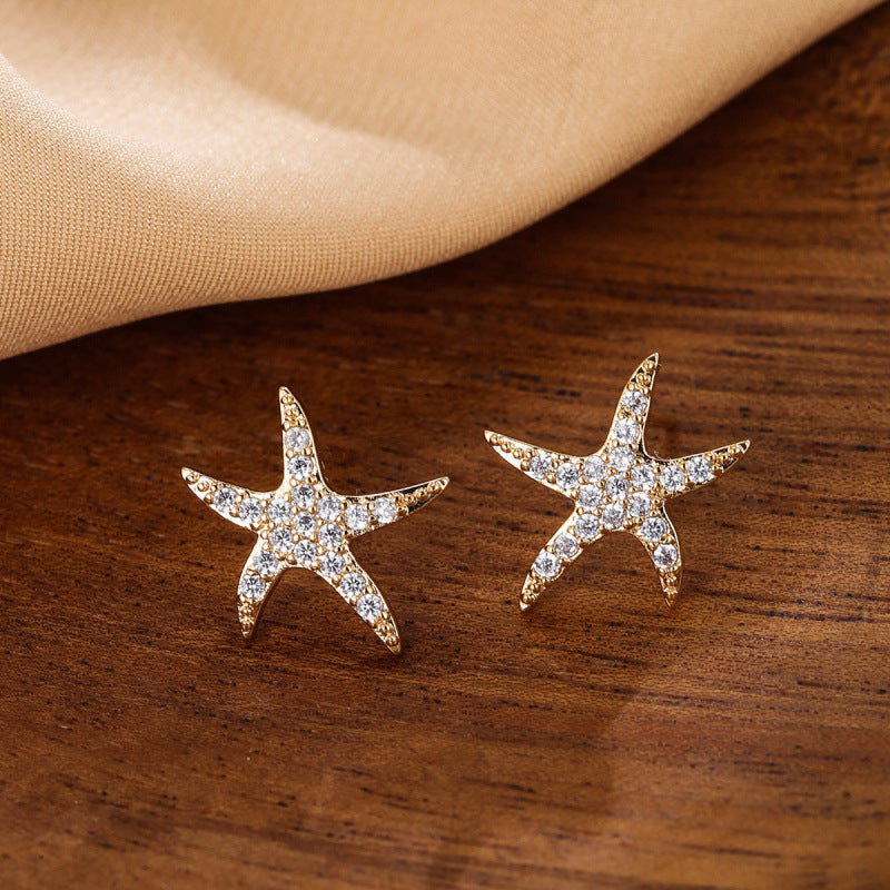 Simple Style Starfish Stud Earrings For Women Featuring Copper Ear Pins And Zircon Inlay