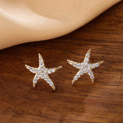 Simple Style Starfish Stud Earrings For Women Featuring Copper Ear Pins And Zircon Inlay