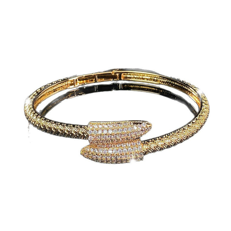 Women’s Electroplated Copper Bangle With Zircon Inlay, Featuring Stretch Adjustable Clasp