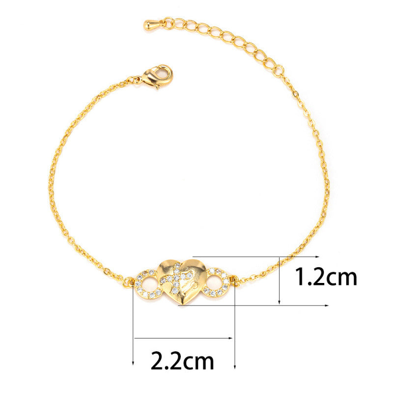 Double Heart Copper Bracelet In Yellow, For Women, Perfect Valentine's Day Gift
