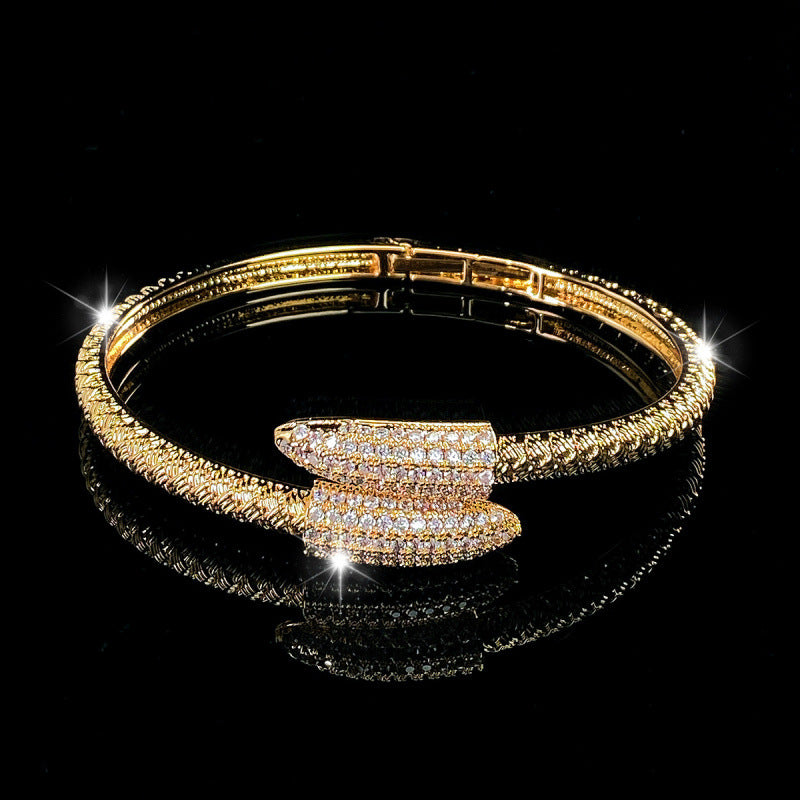 Women’s Electroplated Copper Bangle With Zircon Inlay, Featuring Stretch Adjustable Clasp