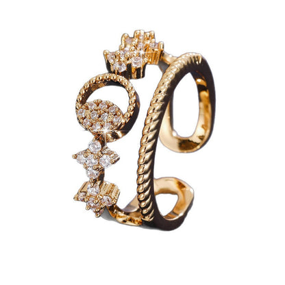 Vintage Style Starburst Open Ring For Women In Copper With Zircon Inlay And Bezel Setting