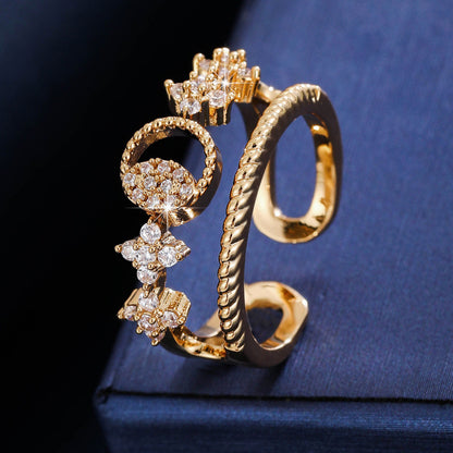 Vintage Style Starburst Open Ring For Women In Copper With Zircon Inlay And Bezel Setting