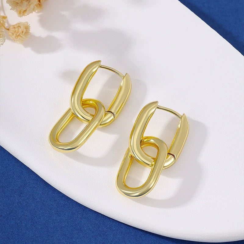 Double Ring Gold Earrings For Women With Copper Ear Pins, Stylish And Elegant Design