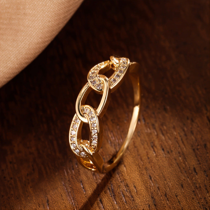 Simple Style Chains Print Ring For Women In Electroplated Copper With Zircon Inlay