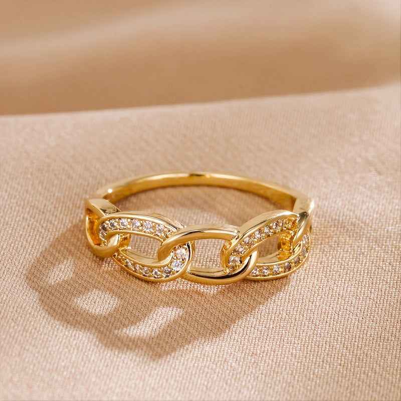 Simple Style Chains Print Ring For Women In Electroplated Copper With Zircon Inlay