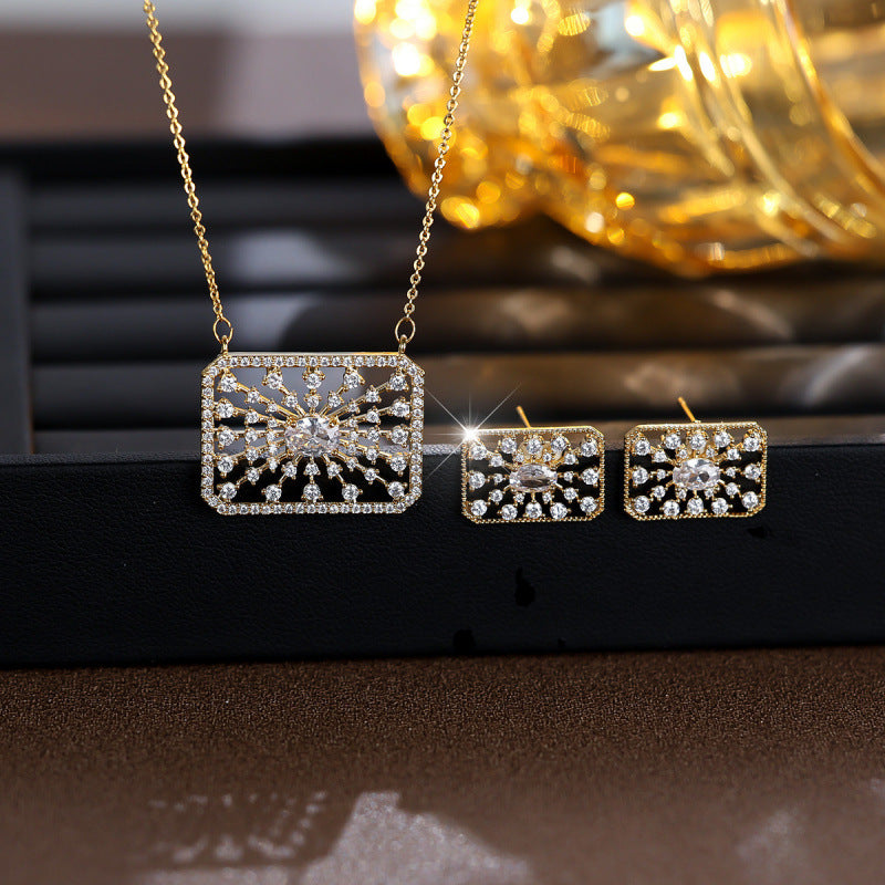 Luxurious Square Necklace For Women In Brass With Electroplated Gold Plating And Zircon Inlay, Featuring Micro Super Whisper Thin Chain