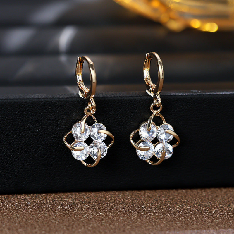 Gold Flowers Earrings For Women Featuring Copper Ear Pins And Zircon Inlay Material