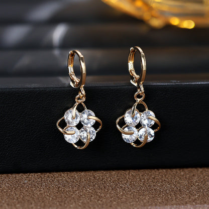 Gold Flowers Earrings For Women Featuring Copper Ear Pins And Zircon Inlay Material