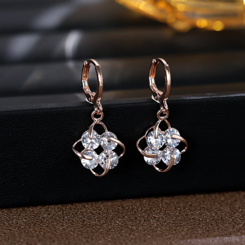 Gold Flowers Earrings For Women Featuring Copper Ear Pins And Zircon Inlay Material