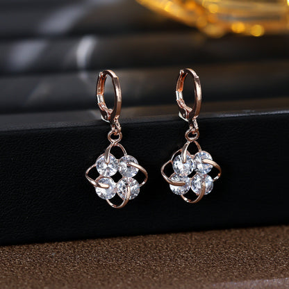 Gold Flowers Earrings For Women Featuring Copper Ear Pins And Zircon Inlay Material