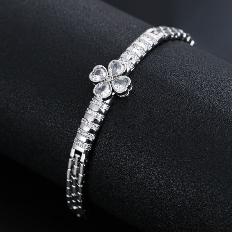 Electroplated Copper Bangle With Zircon Inlay Featuring Floral Design, 1 PCS Package