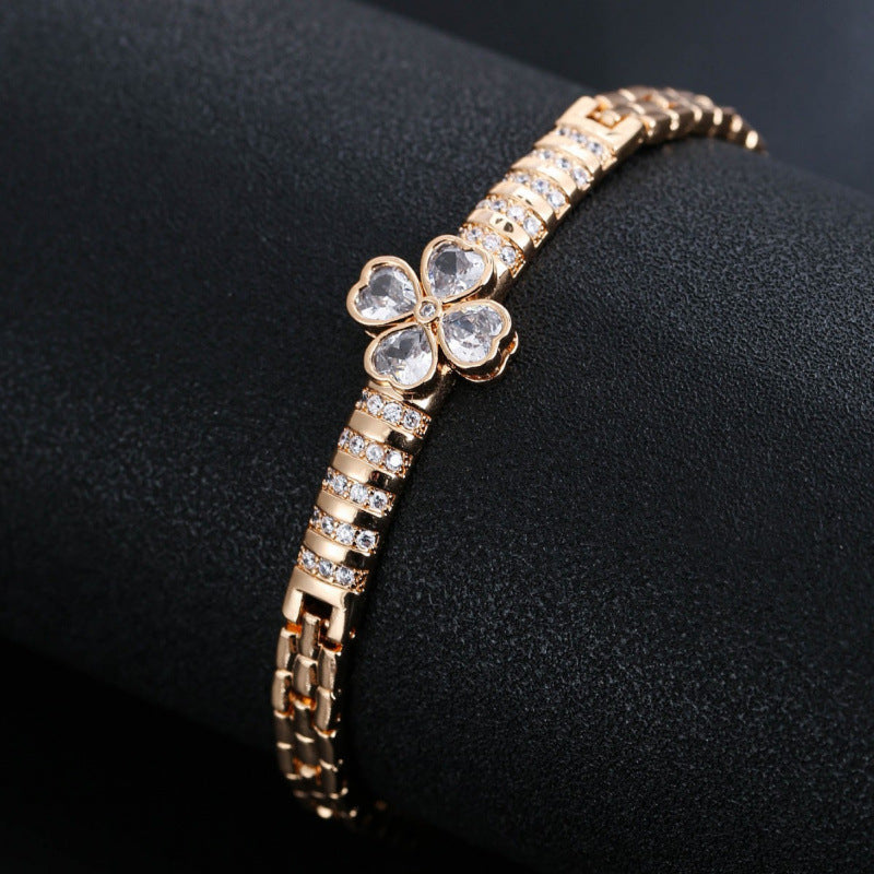 Electroplated Copper Bangle With Zircon Inlay Featuring Floral Design, 1 PCS Package