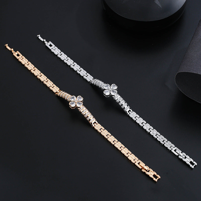 Electroplated Copper Bangle With Zircon Inlay Featuring Floral Design, 1 PCS Package