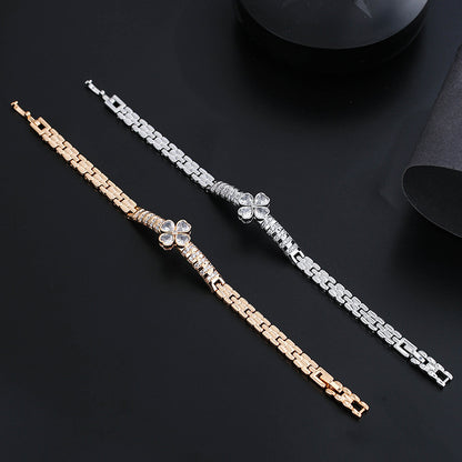 Electroplated Copper Bangle With Zircon Inlay Featuring Floral Design, 1 PCS Package