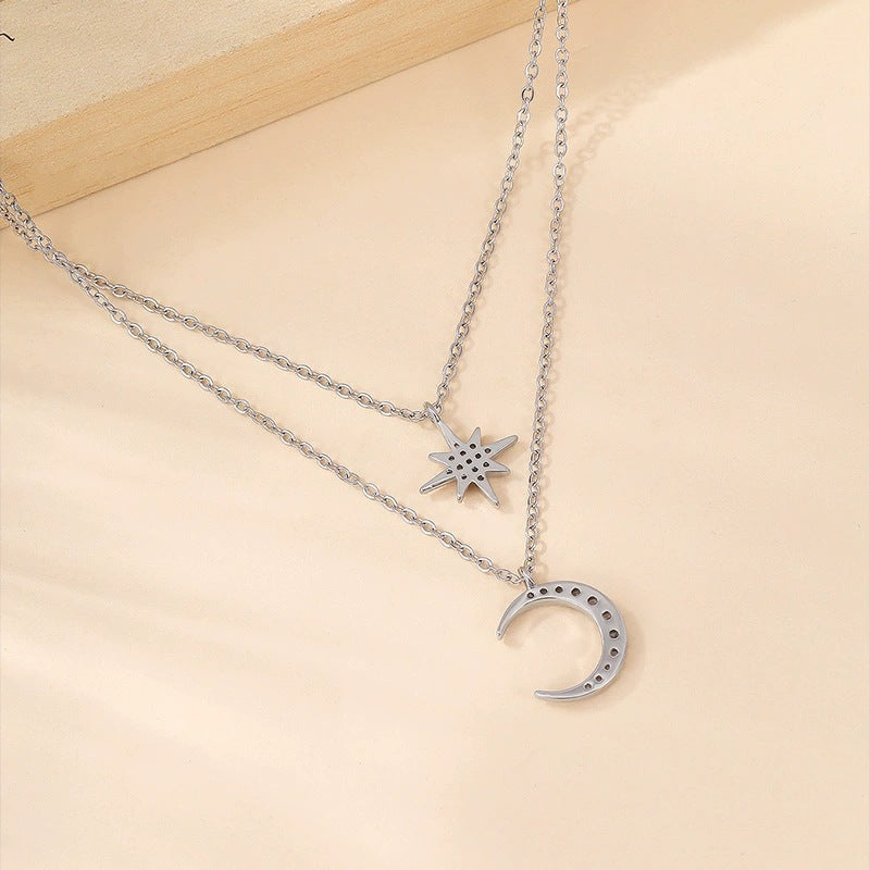 Silver Star Double Layer Necklace For Women With Copper Chain Electroplated And Rhinestone Inlay