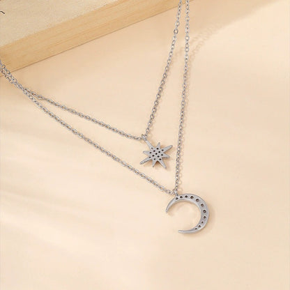 Silver Star Double Layer Necklace For Women With Copper Chain Electroplated And Rhinestone Inlay