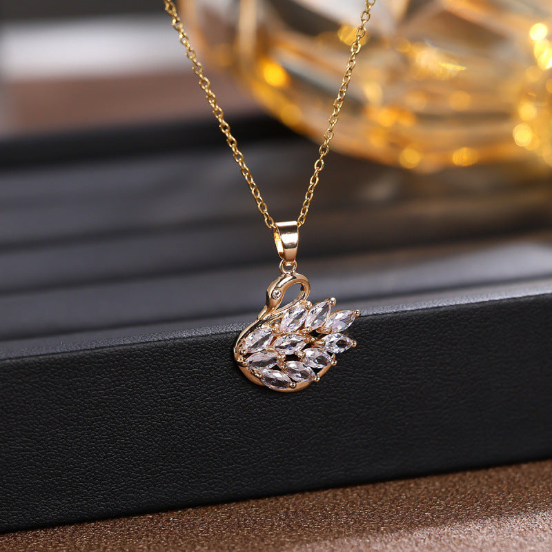 Swan Pendant For Women In Simple Style, Crafted From Copper With Zircon Inlay, Available In Gold For Daily Wear