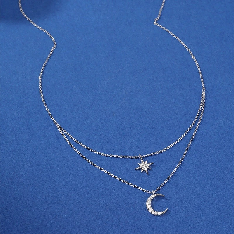 Silver Star Double Layer Necklace For Women With Copper Chain Electroplated And Rhinestone Inlay