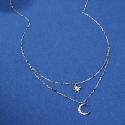 Silver Star Double Layer Necklace For Women With Copper Chain Electroplated And Rhinestone Inlay