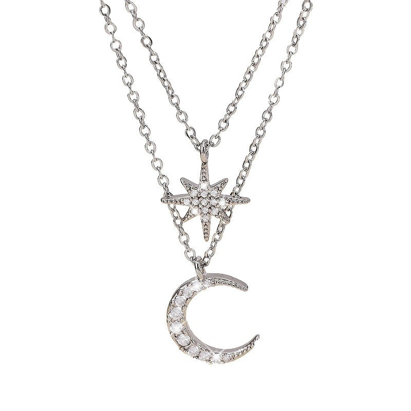 Silver Star Double Layer Necklace For Women With Copper Chain Electroplated And Rhinestone Inlay