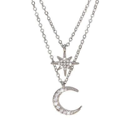 Silver Star Double Layer Necklace For Women With Copper Chain Electroplated And Rhinestone Inlay