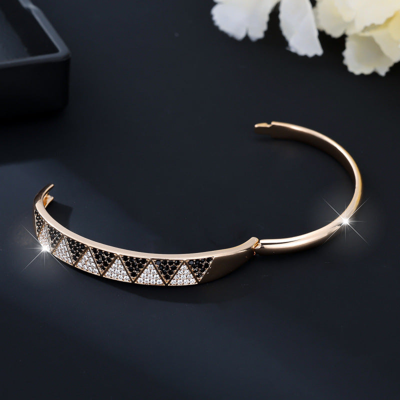 Geometric Inlay Copper Bangle For Women With Zircon Electroplated Gold Plating