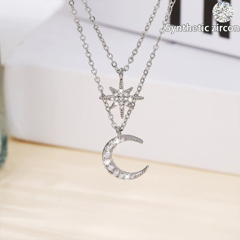 Silver Star Double Layer Necklace For Women With Copper Chain Electroplated And Rhinestone Inlay
