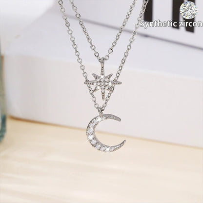 Silver Star Double Layer Necklace For Women With Copper Chain Electroplated And Rhinestone Inlay