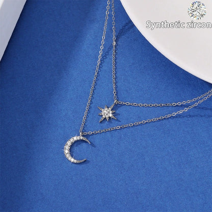 Silver Star Double Layer Necklace For Women With Copper Chain Electroplated And Rhinestone Inlay
