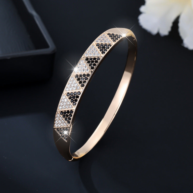 Geometric Inlay Copper Bangle For Women With Zircon Electroplated Gold Plating