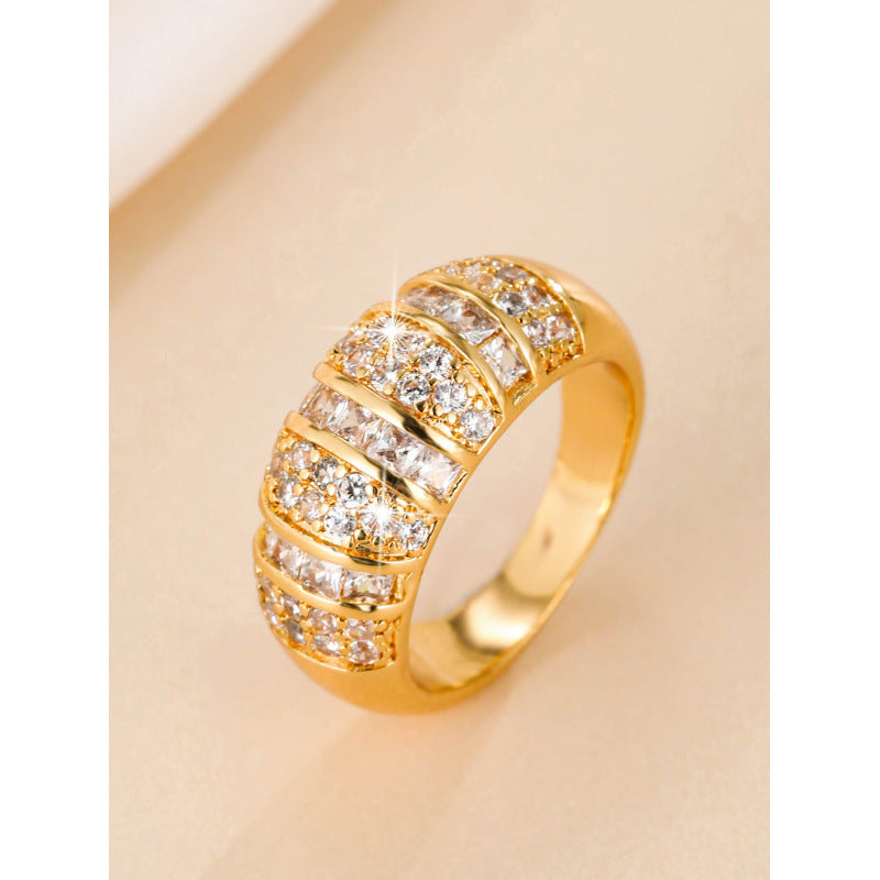 Geometric Copper Ring For Women With Zircon Inlay In Gold